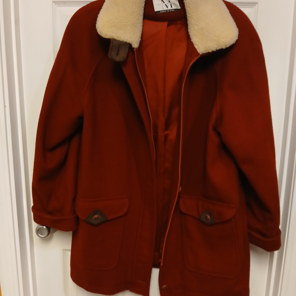 Women's Red Macintosh Jacket with Cream Collar 100% wool.